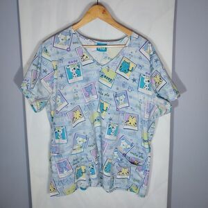 Scrub H.Q. Pediatric Vet Scrub Top Blue Cartoon Animal Print V Neck 2X 3X